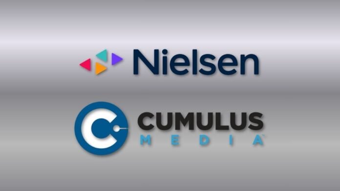 A photo of Nielsen and the Cumulus Media logo