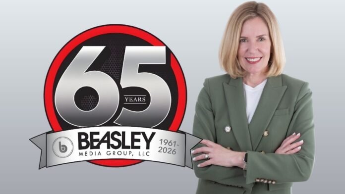 A photo of Amy Leimbach and the Beasley Media Group logo
