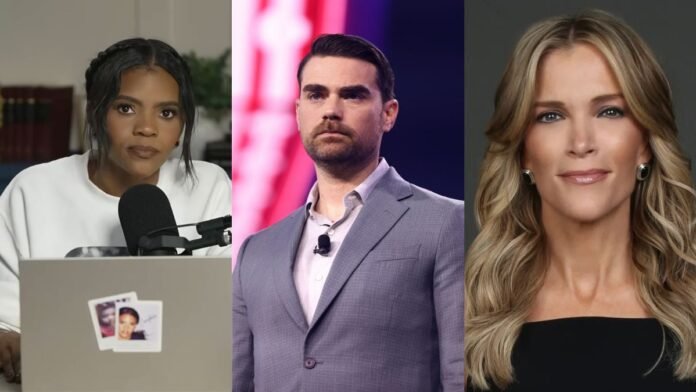A photo of Candace Owens, Ben Shapiro, and Megyn Kelly