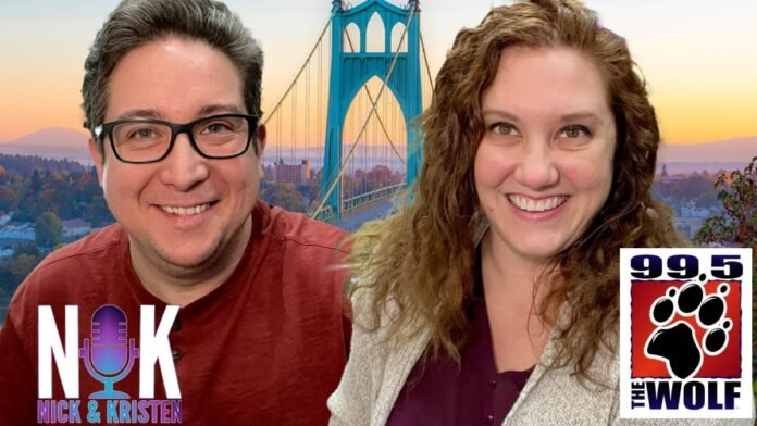 A photo of Nick and Kristen with the 99.5 The Wolf