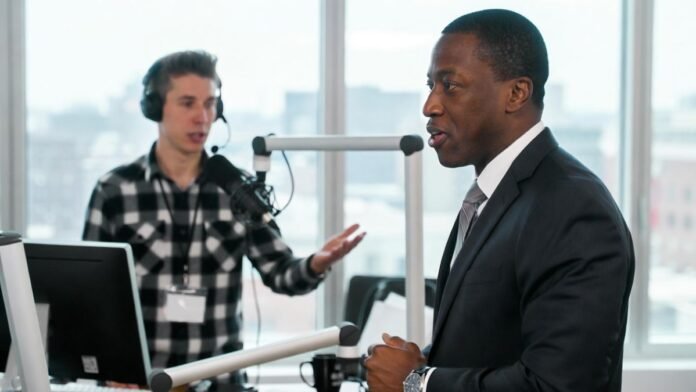 A photo of a boss talking to a radio DJ