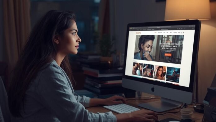 A photo of a person looking at a radio station website