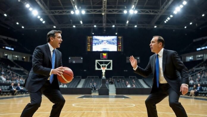 A photo of two politicians playing basketball